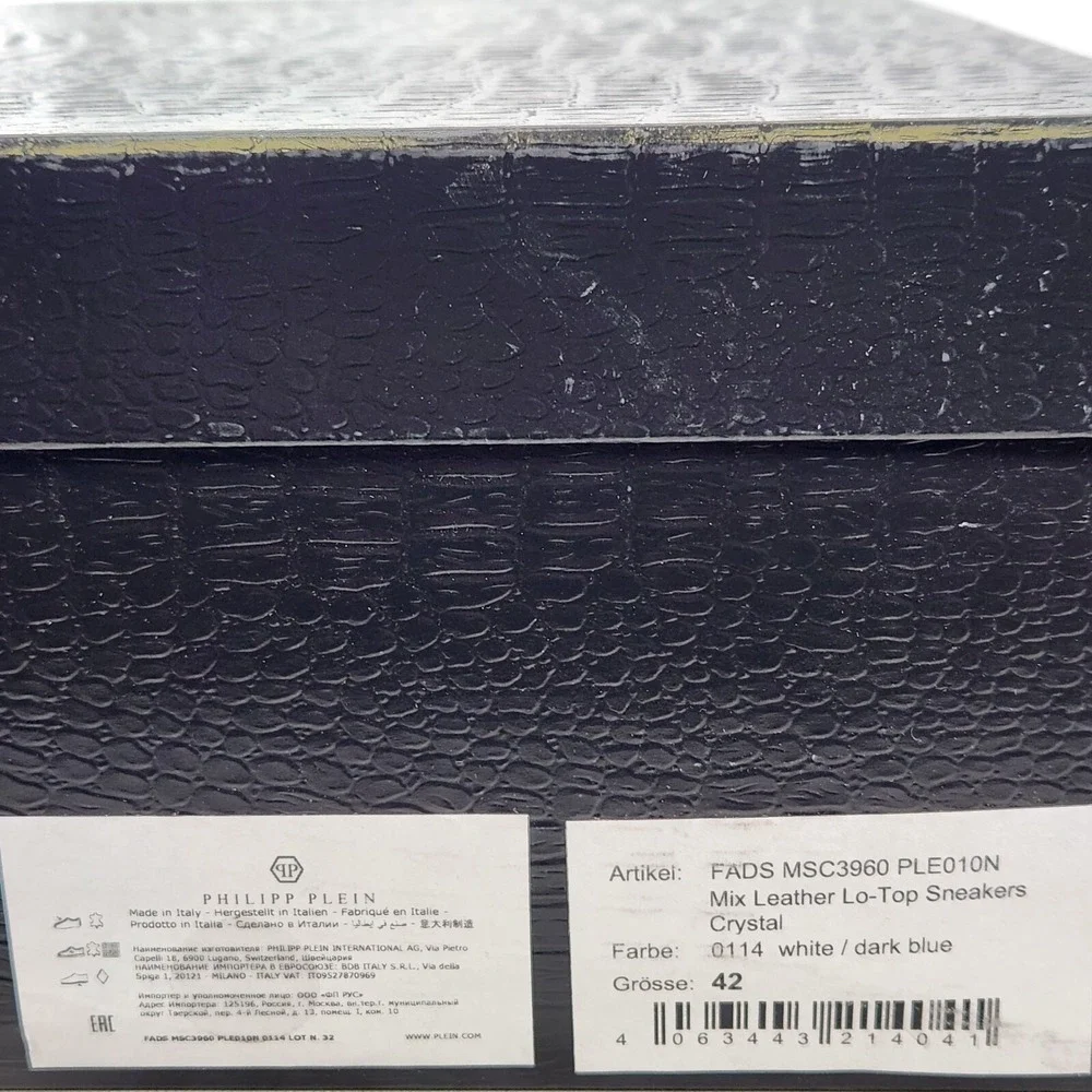 Philipp Plein Mix Leather Lo-Top Sneakers Mens Size 9 White Dark Blue Crystal